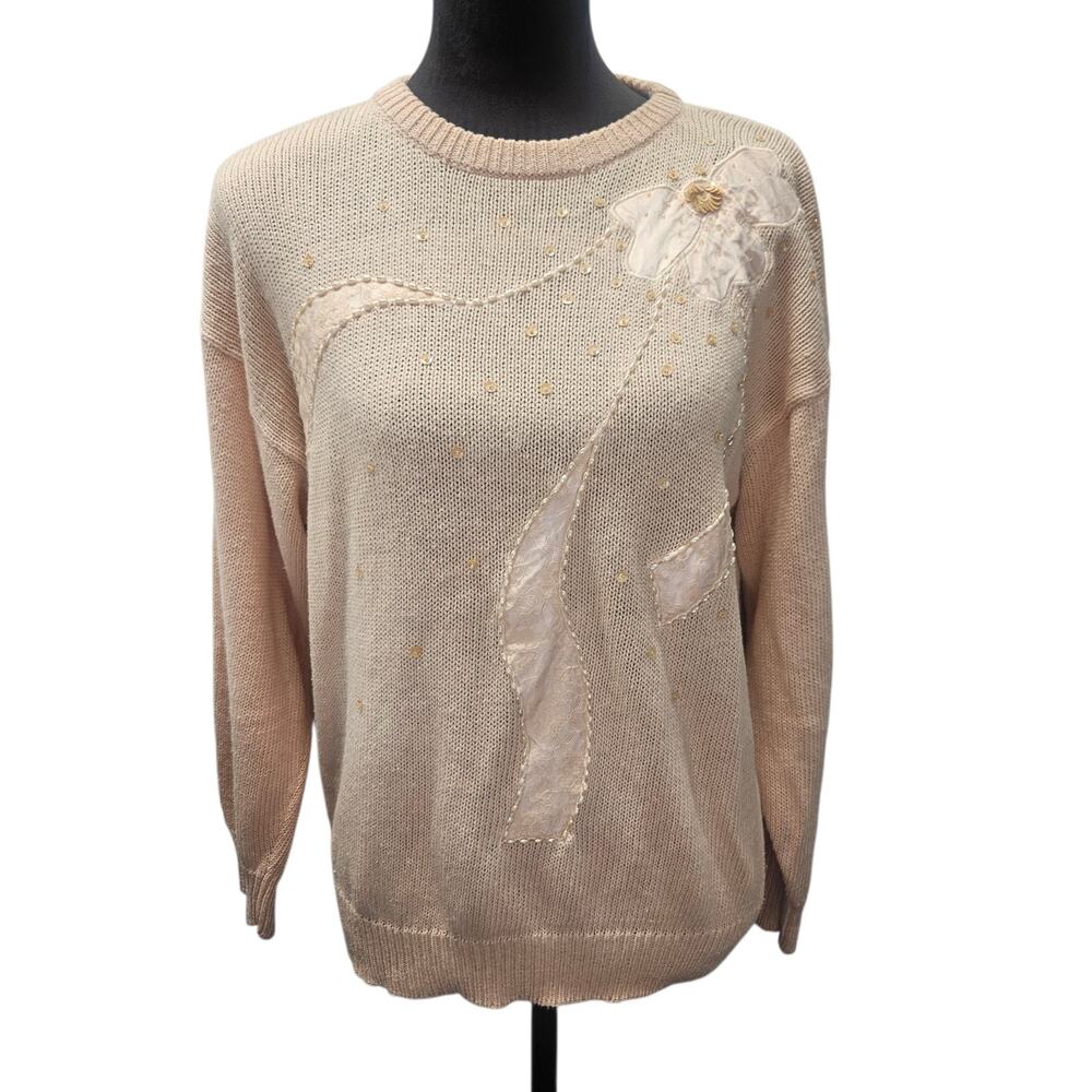 VTG 80s/90s Pale Pink Chunky Knit Sweater Beaded Floral Stitching Granny Medium
